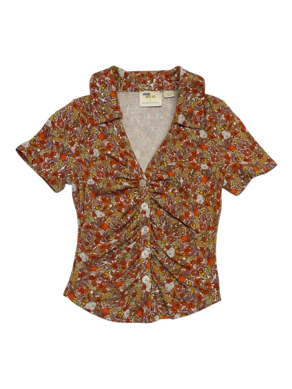Anthropologie Maeve Orange Elegant Floral Ruched Button-Down Top Womens X-Small - Picture 2 of 9